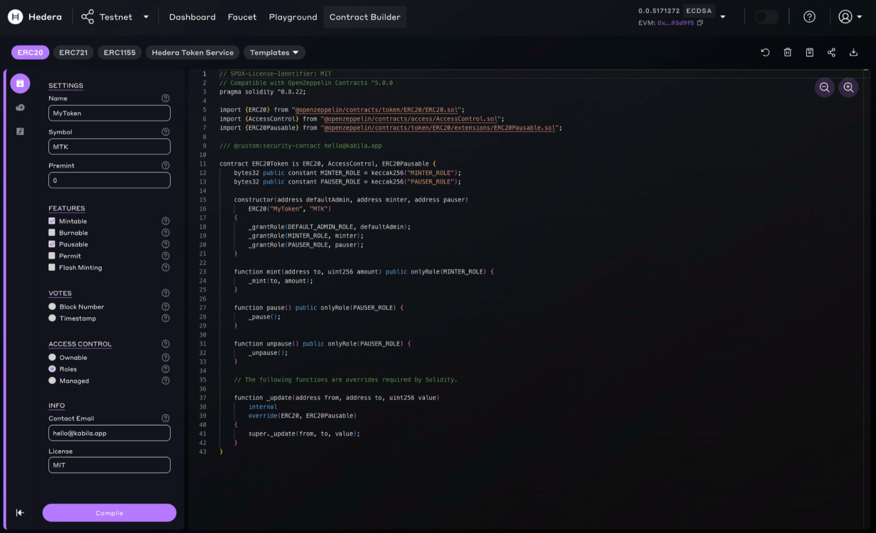 Hedera Contract Builder - Contract creation and deployment platform that streamlines smart-contract workflows, reducing learning curves with guided configuration and developer-friendly tooling.